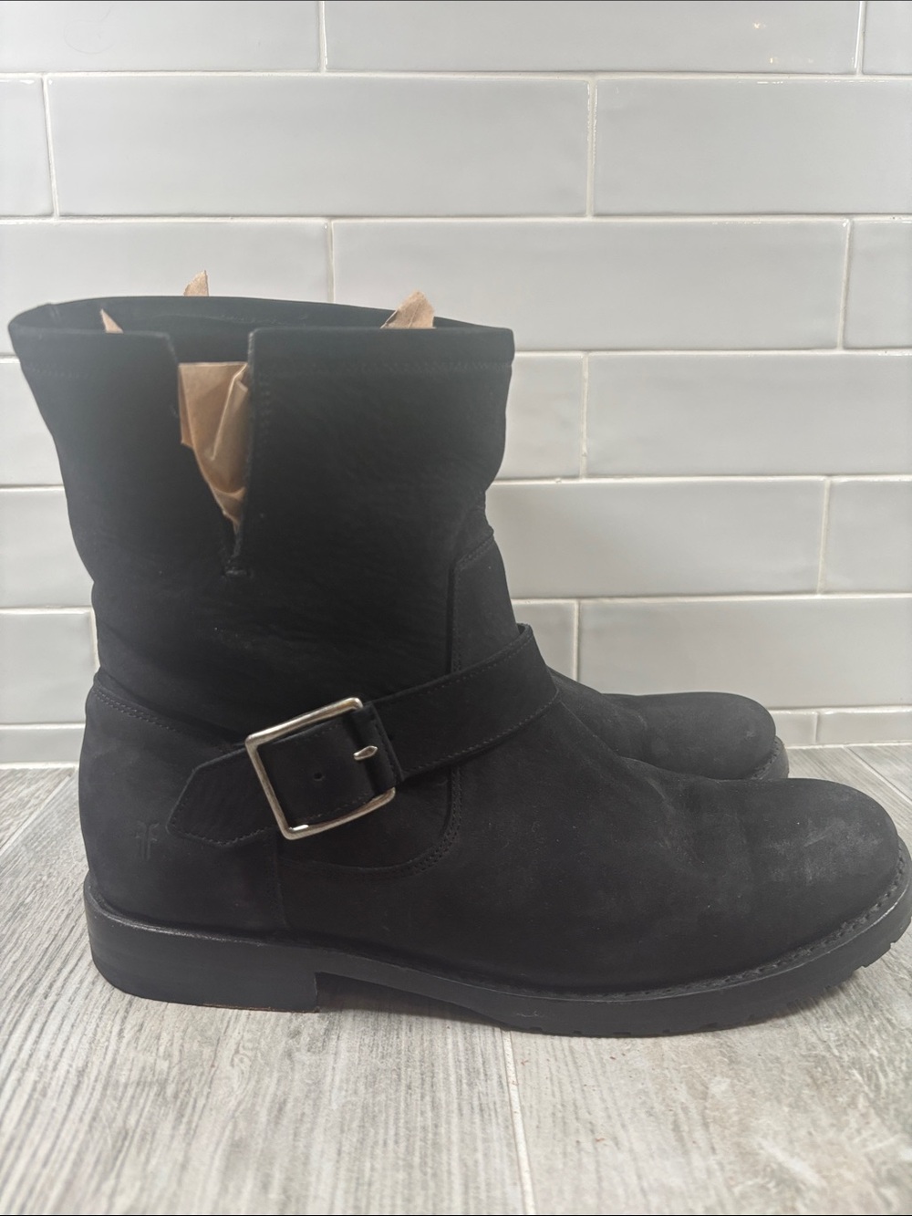 Frye Black Suede Short Engineer Boots Moto Ankle Buckle Biker 8.5